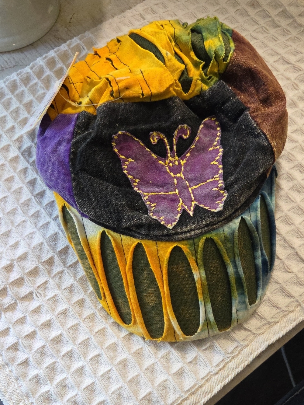 Patchwork Butterfly Cap in Yellow, Purple, Green